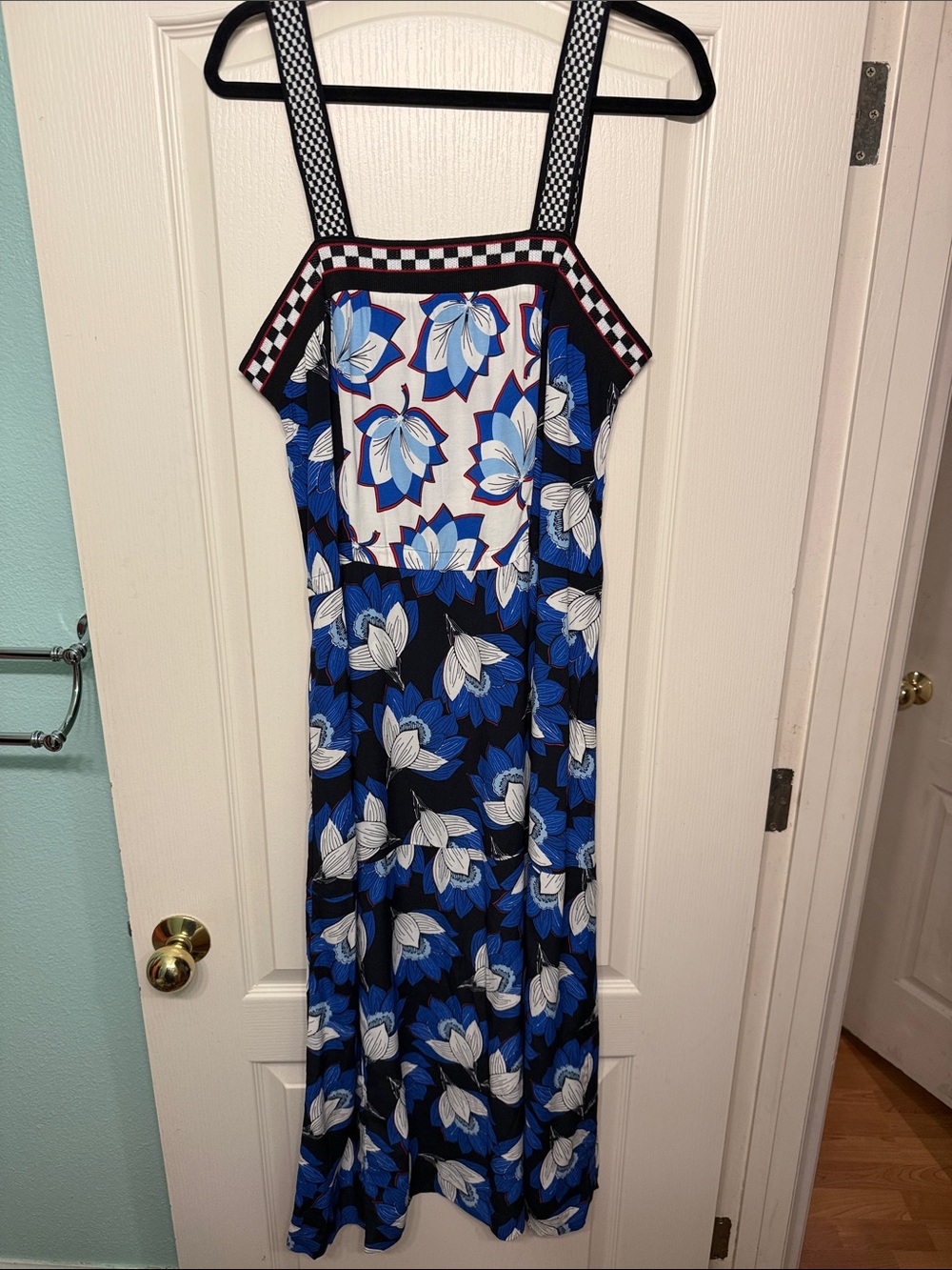 Warm Blue and White Floral Maxi Dress with Black Accents